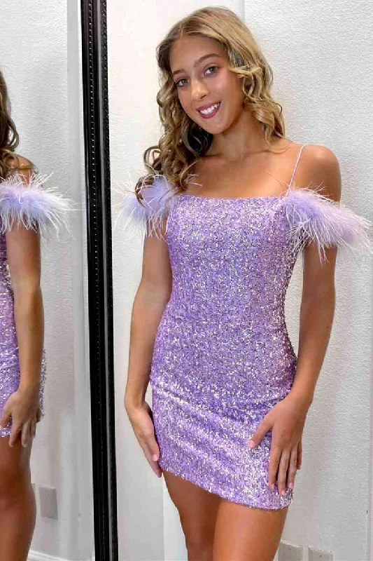 Feather Cold Shoulder Lilac Sequin Homecoming Dress cc109