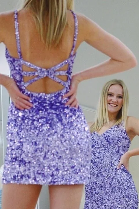 Glitter Tight V-Neck Lavender Sequined Homecoming Dress C654