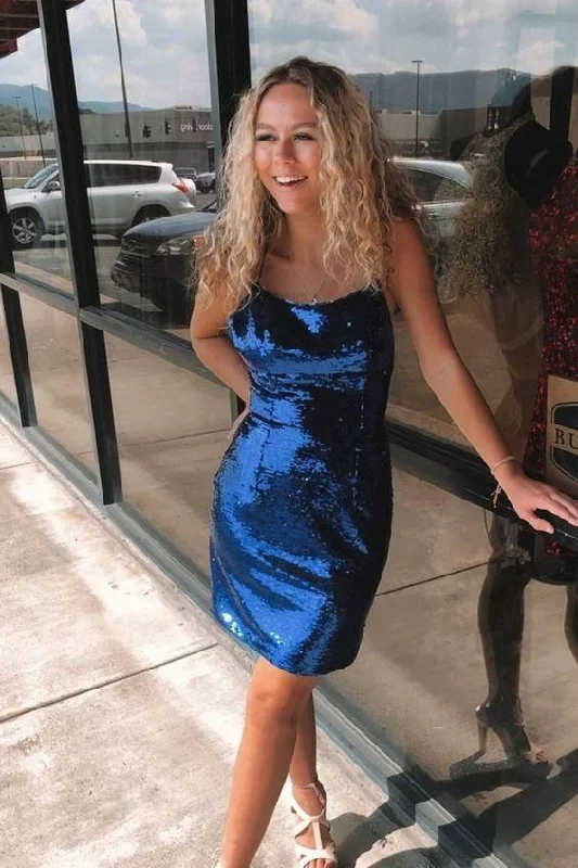 Navy Blue Sequins Homecoming Dress  C677