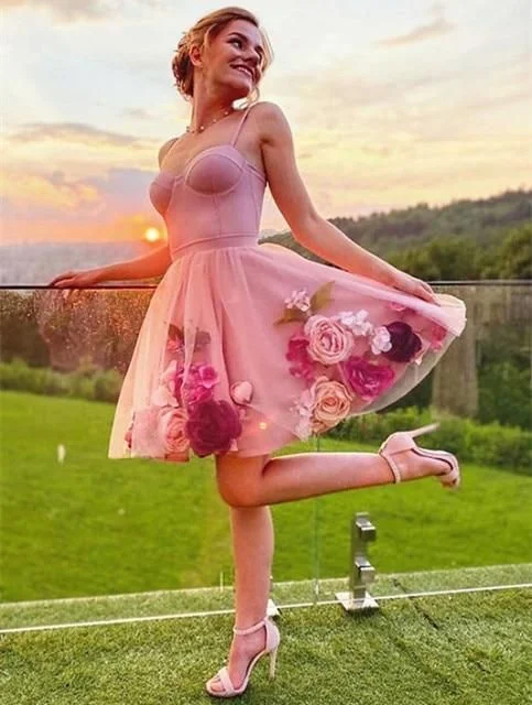 Pink Floral A-line Spaghetti Straps Homecoming Dress  C634