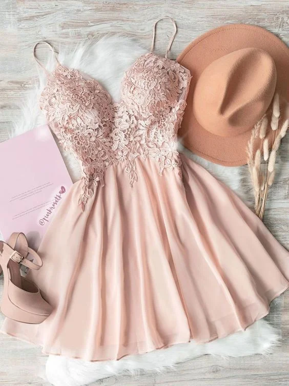 Pink sweetheart neck chiffon lace homecoming dress C85