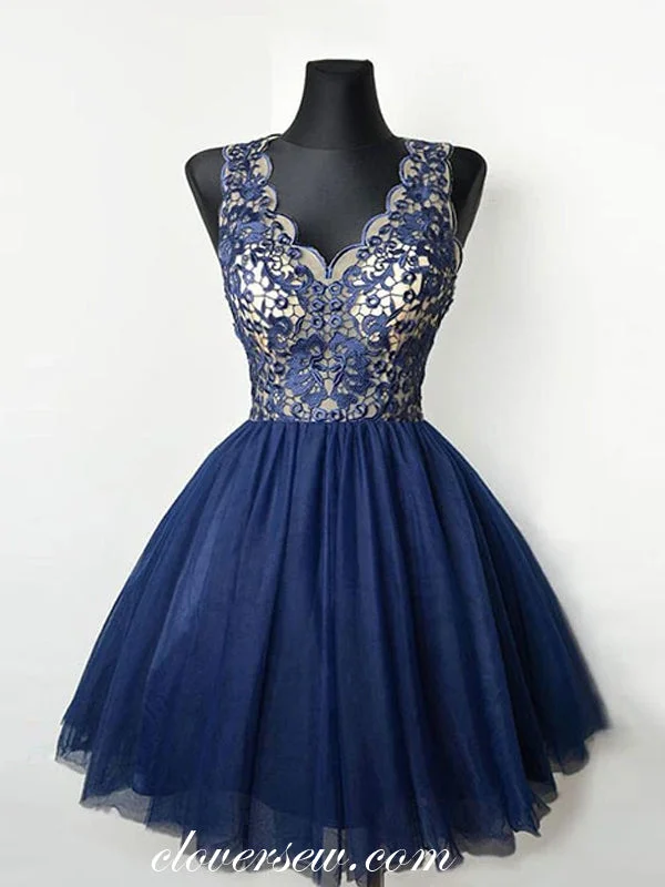 Navy Lace Tulle V-neck Sleeveless Homecoming Dresses, CH0027