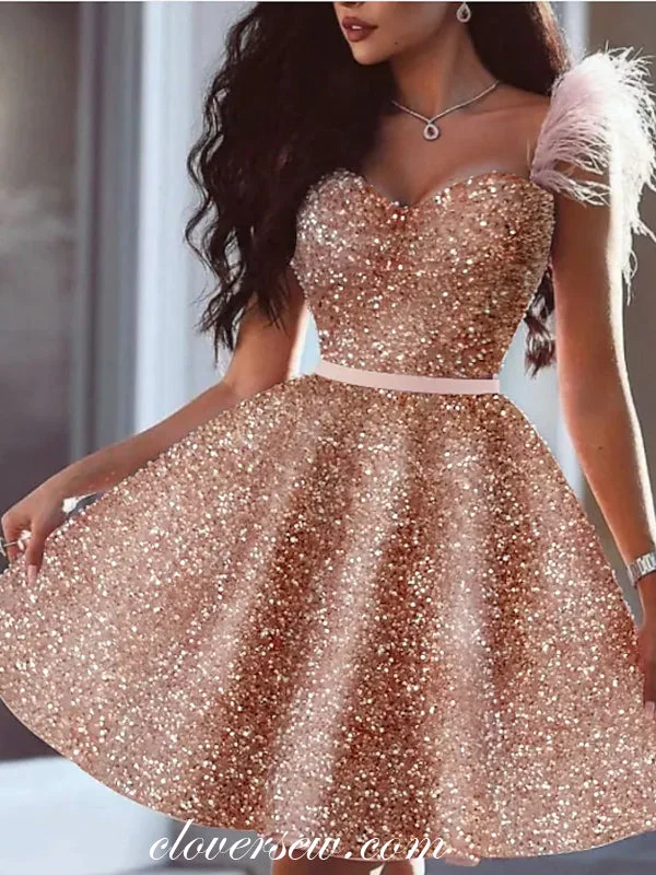 Pink Sequin Feather Strap Sweetheart Shiny Homecoming Dresses, CH0038