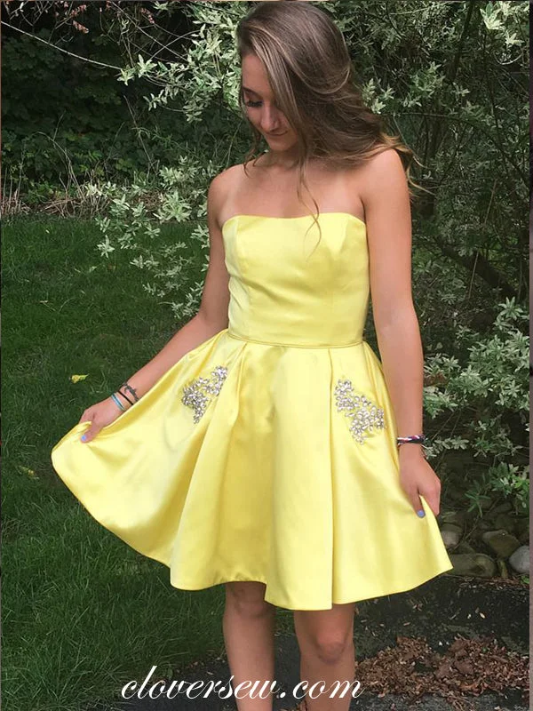 Yellow Satin Strapless Rhinestone Pocket Homecoming Dresses, CH0018