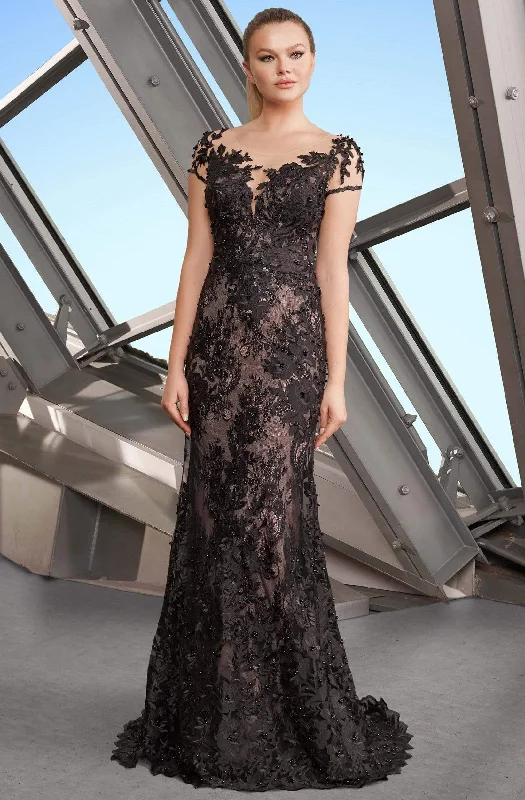 Alexander by Daymor - 1189 Short Sleeve Illusion Floral Lace Gown