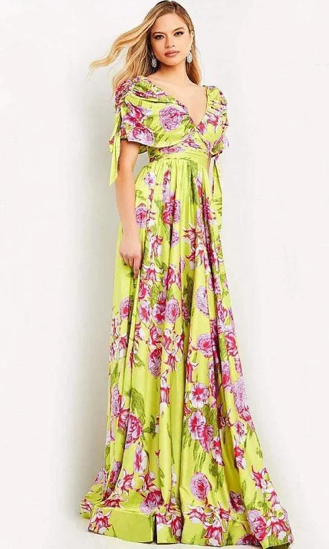 Jovani - 04176 Ruched Sleeve Printed Flowy Dress