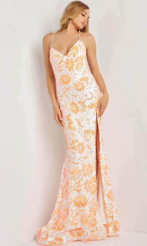 Jovani - 08255 V-Neck Floral Sequin High Slit Dress