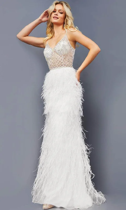 Jovani 08525 - V-Neck Feathered Sheath Prom Dress