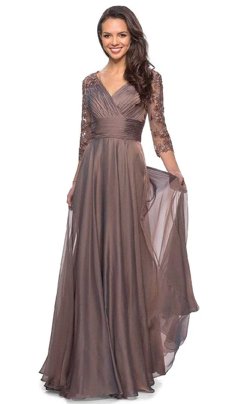 La Femme - 27153 Sheer Lace Quarter Sleeves Empire Waist Chiffon Gown