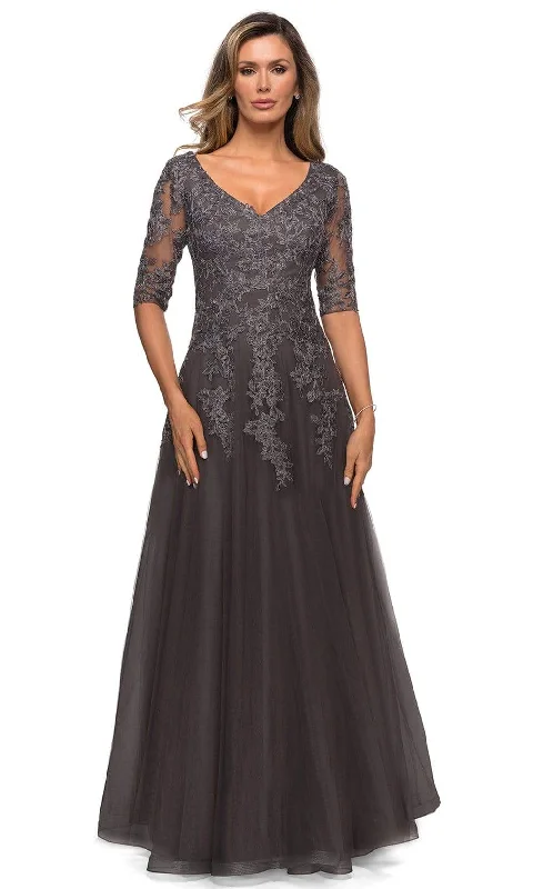 La Femme - 27993 Floral Lace V Neck A-Line Long Dress