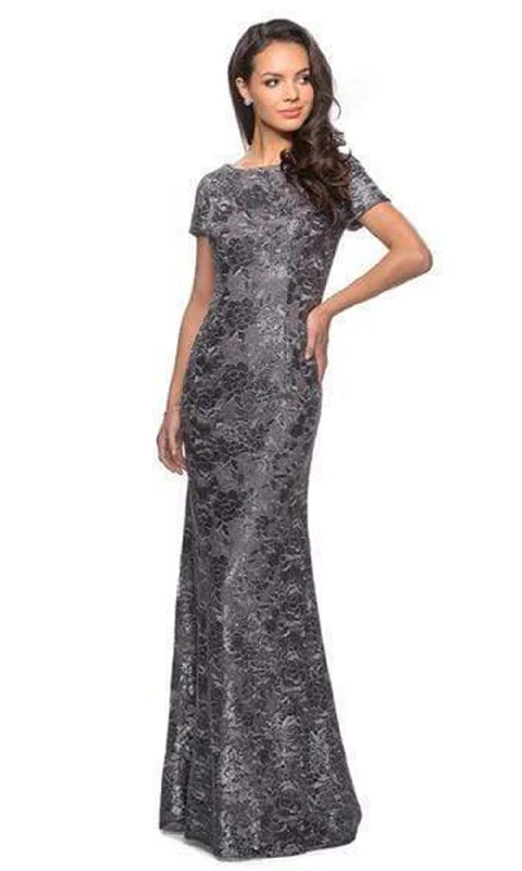 La Femme - Short Sleeve Floral Bateau Evening Dress 27884SC - 1 pc Gunmetal In Size 16 Available