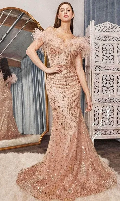 Ladivine - Feathered Off Shoulder Evening Dress CB082 - 1 pc Rose Gold In Size 10 Available