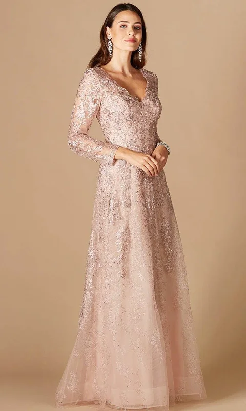 Lara Dresses 29326 - Floral Laced Plunging V Neck Long Sleeve Gown