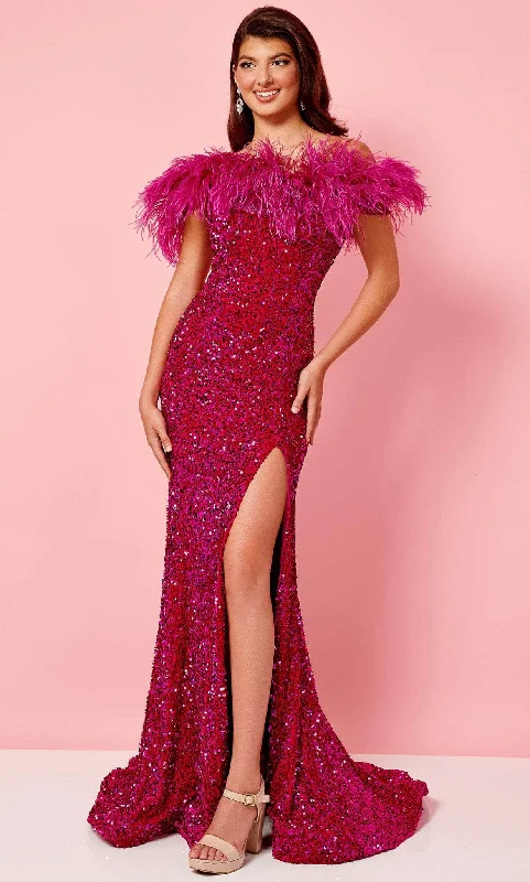 Rachel Allan 70280 - Feathered Off Shoulder Prom Gown