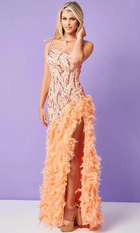 Rachel Allan 70412 - Fuzzy Feathered Slit Sheath Gown