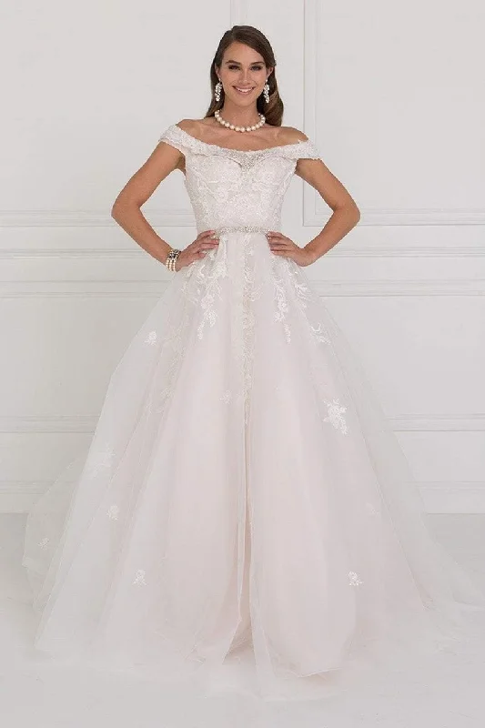 Elizabeth K Bridal Jewel Adorned Off Shoulder Trailing Paneled Gown GL1589 - 1 Pc. Ivory/Champagne in size Small Available