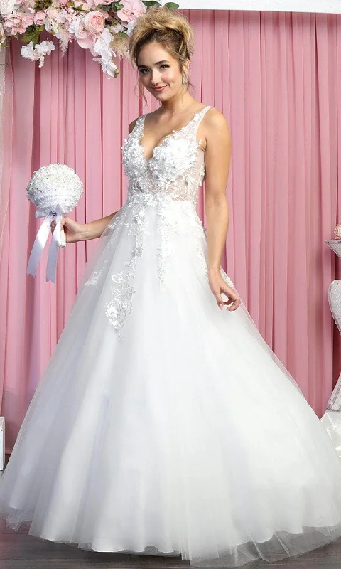 May Queen RQ7902 - Sleeveless Plunging V-Neckline Wedding Gown